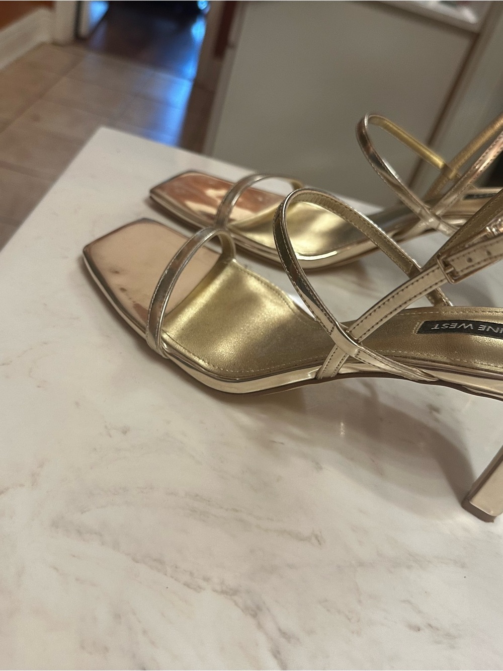 Nine West Gold Strappy Square-Toe Mid Heels